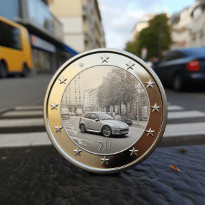 pièce de un euro avec une voiture au centre, représentant le permis a un euro par jour